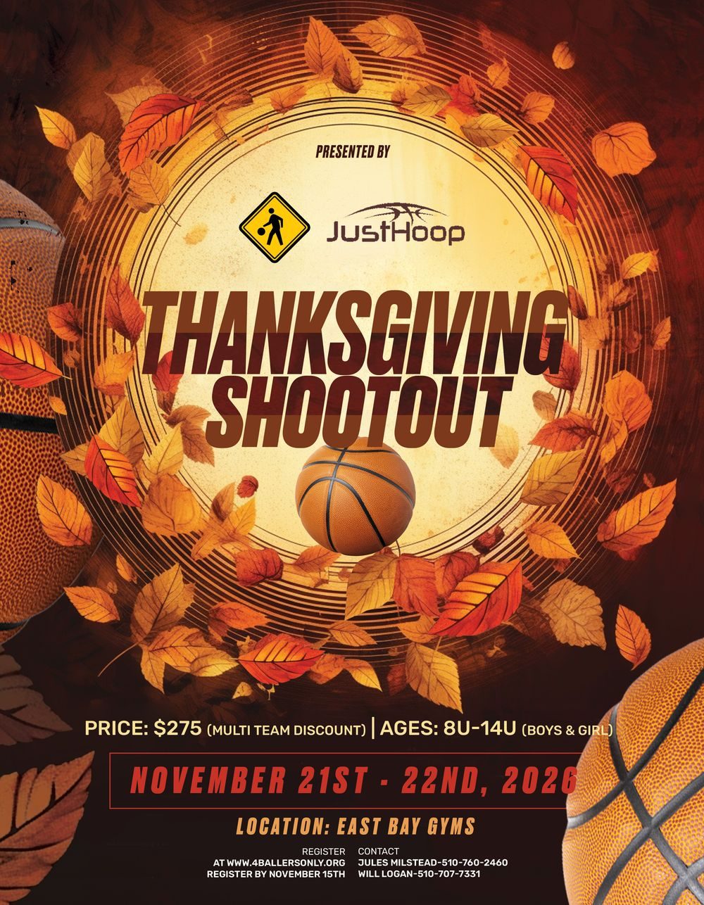 Thanksgiving Shootout — presented by JustHoop. November 21st–22nd, 2026, East Bay gyms. Ages 8U–14U, boys and girls. $275 with multi-team discount. Register at 4ballersonly.org by November 15th.